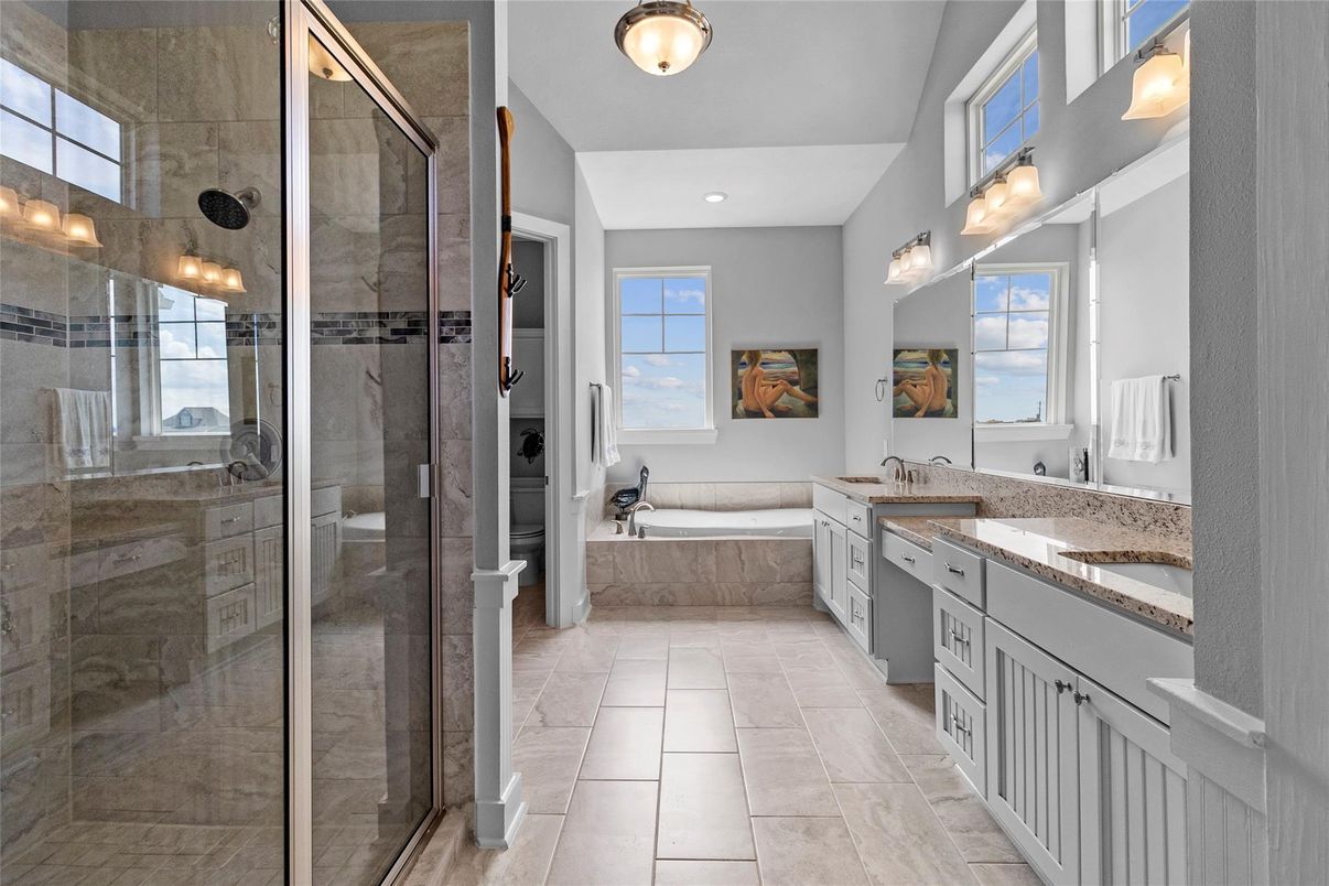 Bathroom, Dual Sink Vanities, Glass Shower, Interior, Recessed Lighting