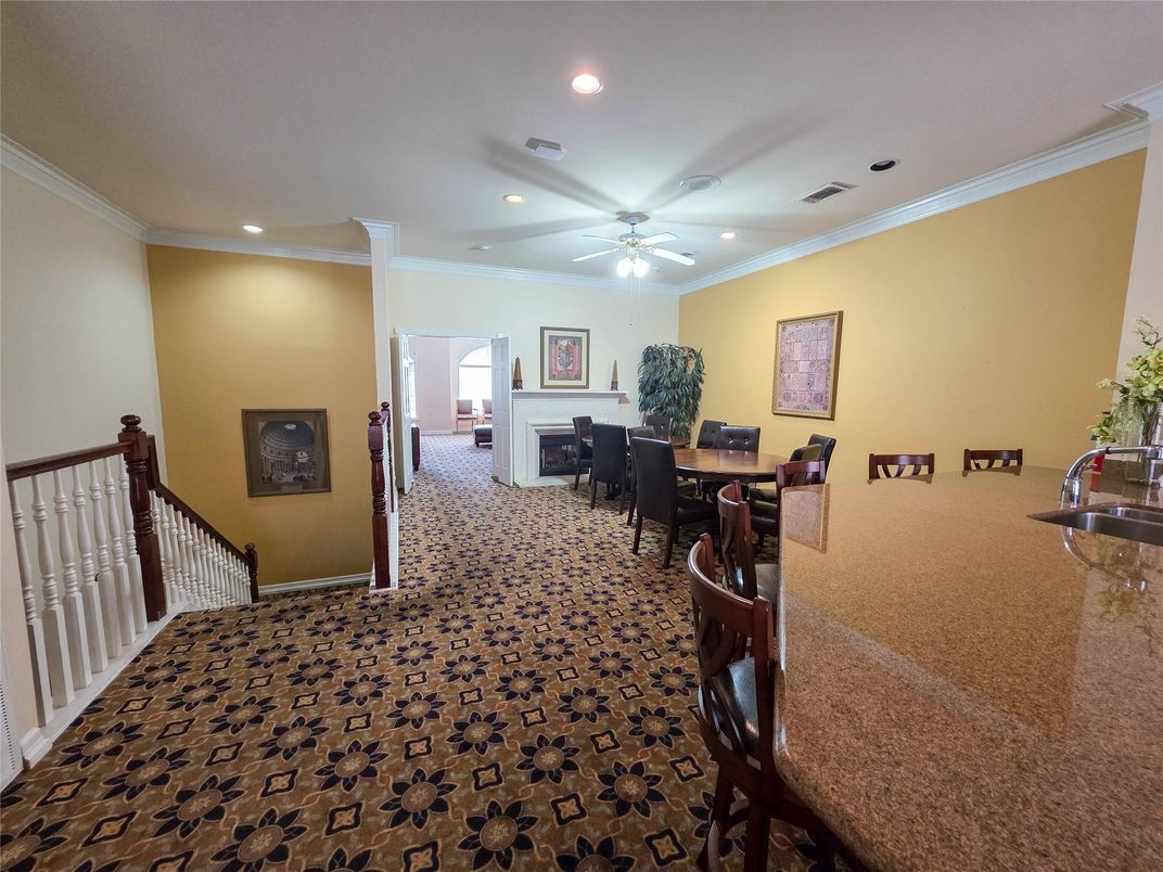Dining room, Fireplace, Interior, Recessed Lighting