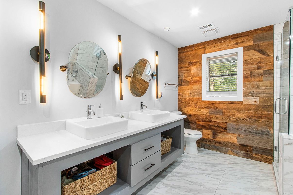 Bathroom, Dual Sink Vanities, Glass Shower, Interior, Marble, Recessed Lighting, Wooden Walls