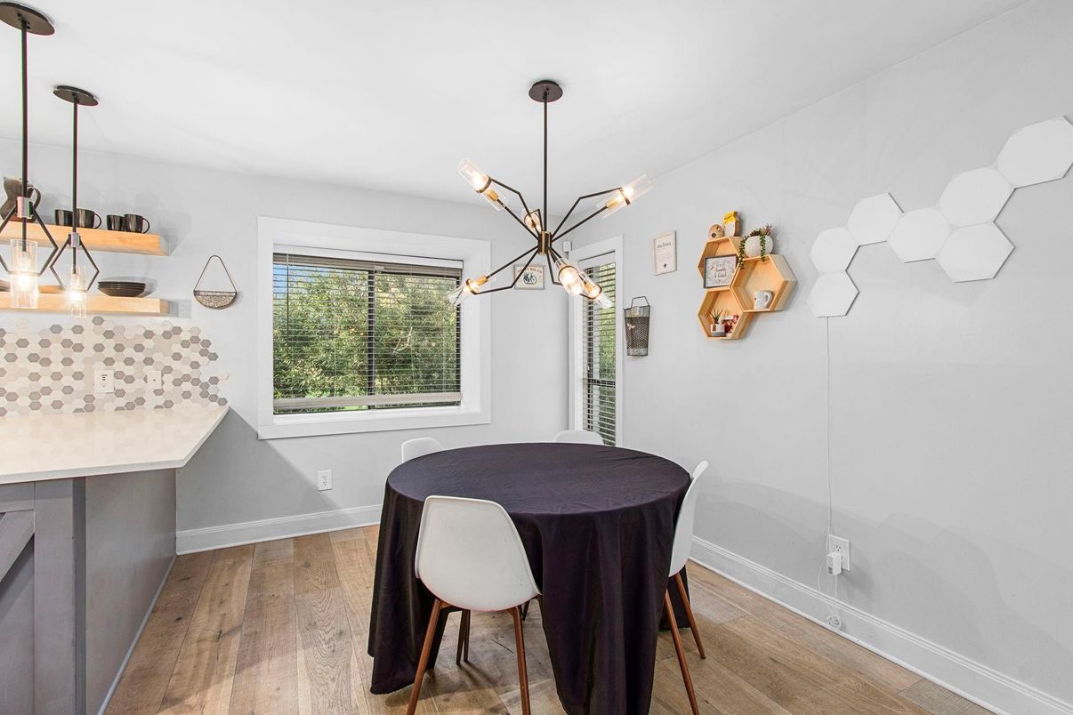 Dining room, Interior, Pendant Lights, Wood Texture Flooring