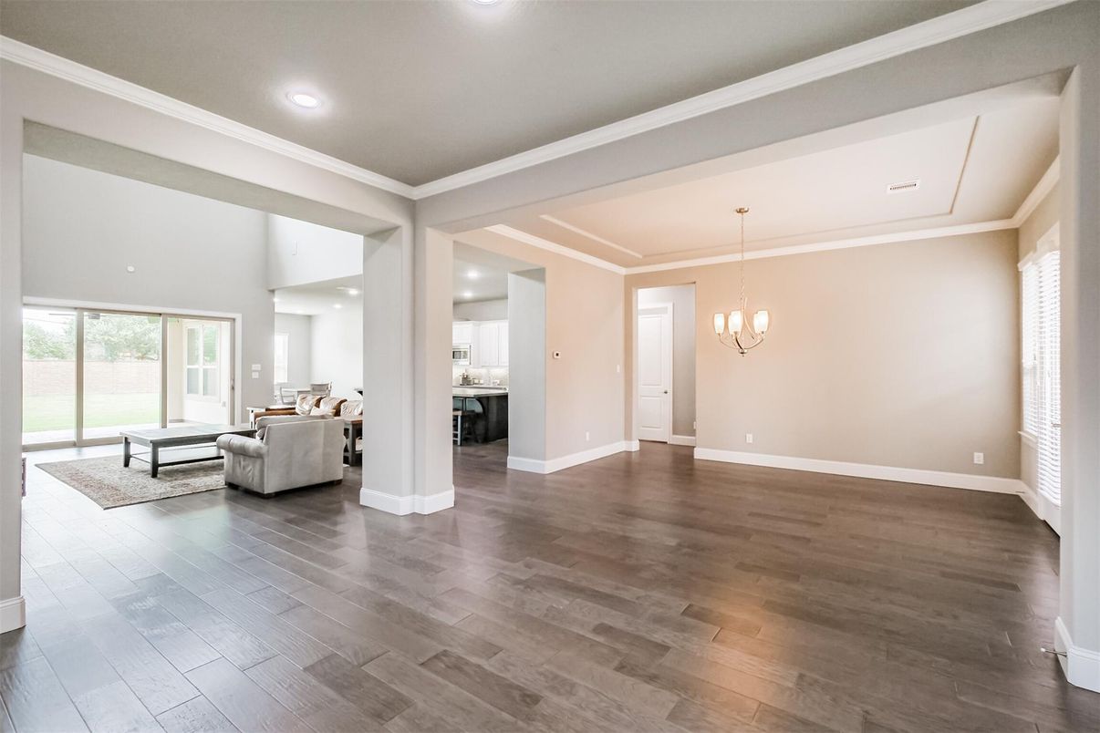 Chandelier, Interior, Living room, Pendant Lights, Recessed Lighting, Wood Texture Flooring