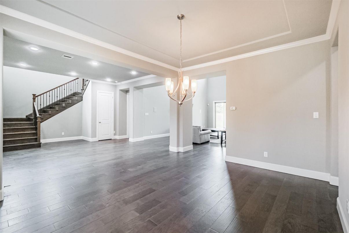 Chandelier, Empty room, Interior, Pendant Lights, Recessed Lighting, Wood Texture Flooring