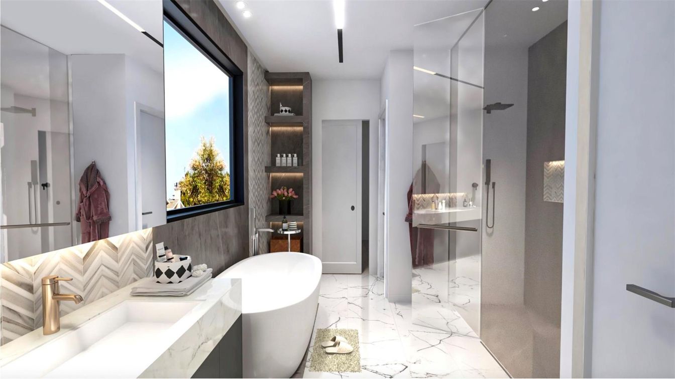 Bathroom, Interior, Marble, Recessed Lighting
