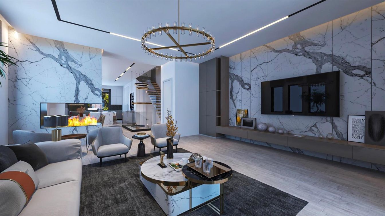 Fireplace, Interior, Living room, Marble Walls, Pendant Lights, Wood Texture Flooring
