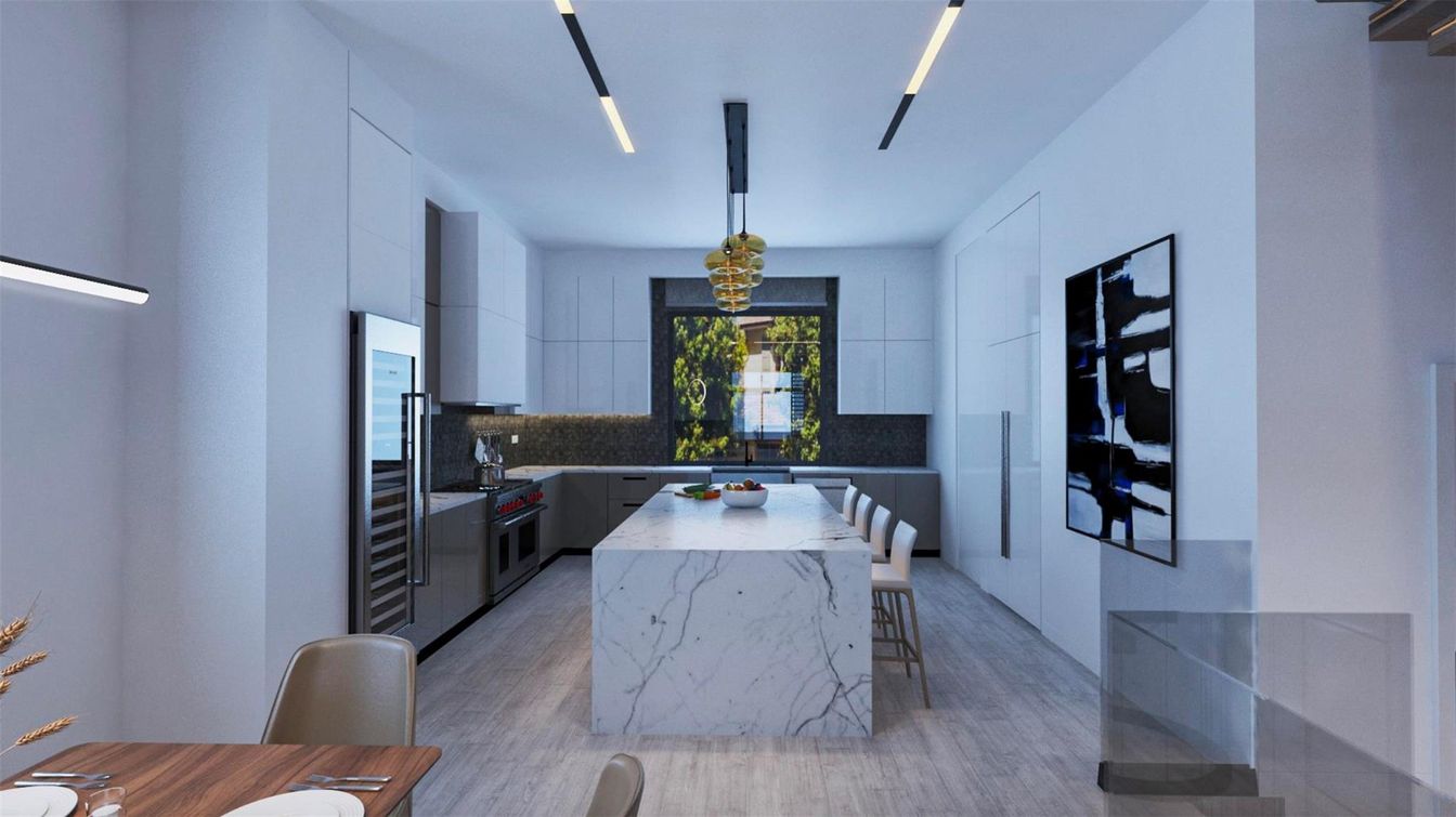 Dining room, Interior, Kitchen, Pendant Lights, Recessed Lighting, Stainless Steel Appliances, Wood Texture Flooring