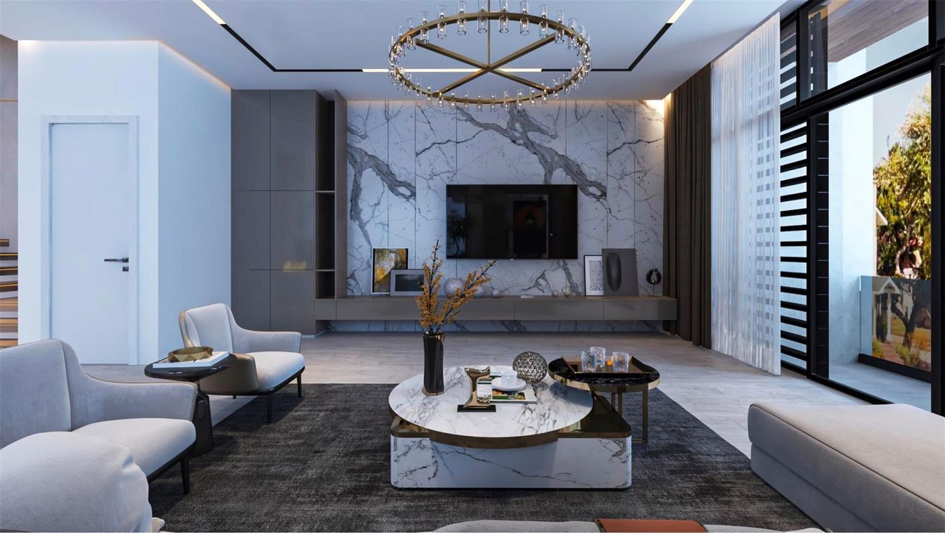 Fireplace, Interior, Living room, Marble Walls, Pendant Lights, Wood Texture Flooring