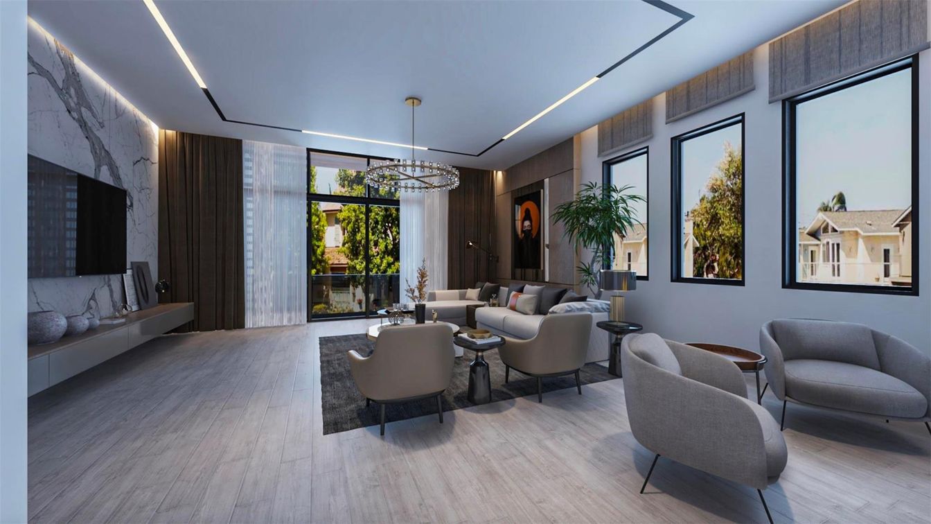 Interior, Living room, Pendant Lights, Wood Texture Flooring