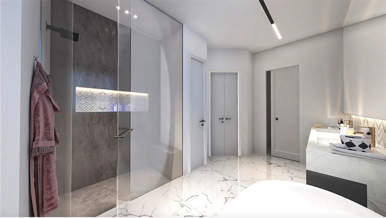 Bathroom, Glass Shower, Interior, Marble, Recessed Lighting