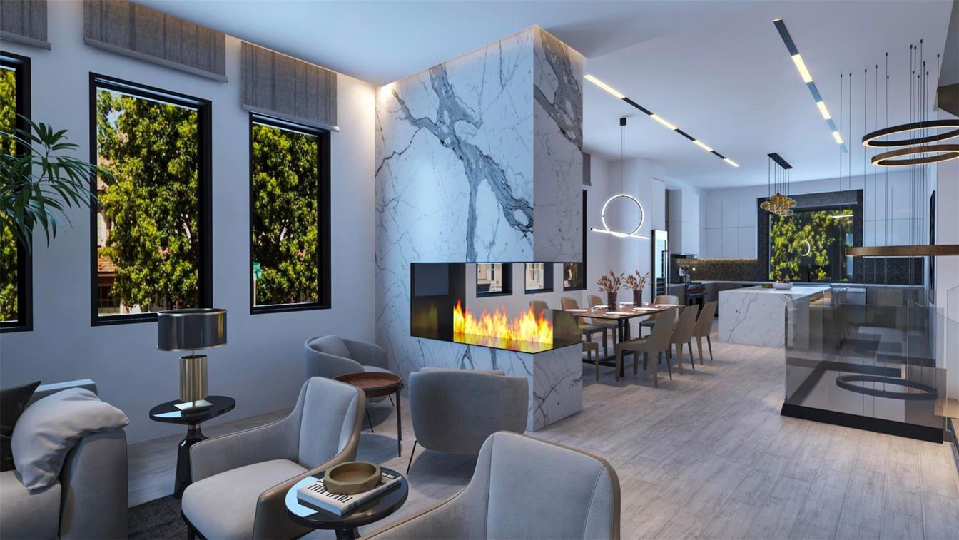 Dining room, Fireplace, Interior, Marble Walls, Pendant Lights, Wood Texture Flooring