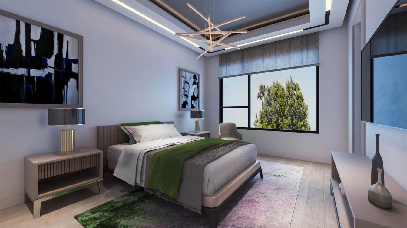 Bedroom, Interior, Pendant Lights, Wood Texture Flooring
