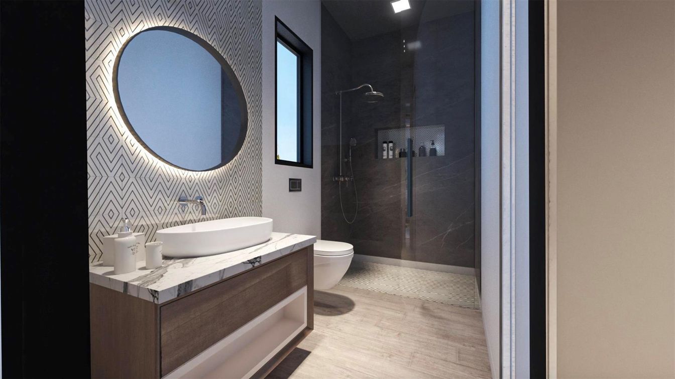 Bathroom, Glass Shower, Interior, Wood Texture Flooring