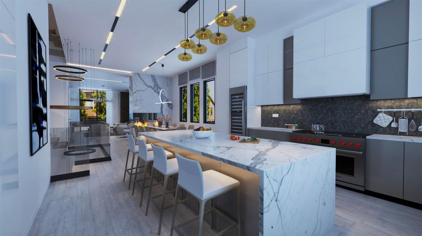 Dining room, Interior, Kitchen, Marble Walls, Pendant Lights, Recessed Lighting, Stainless Steel Appliances, Wood Texture Flooring