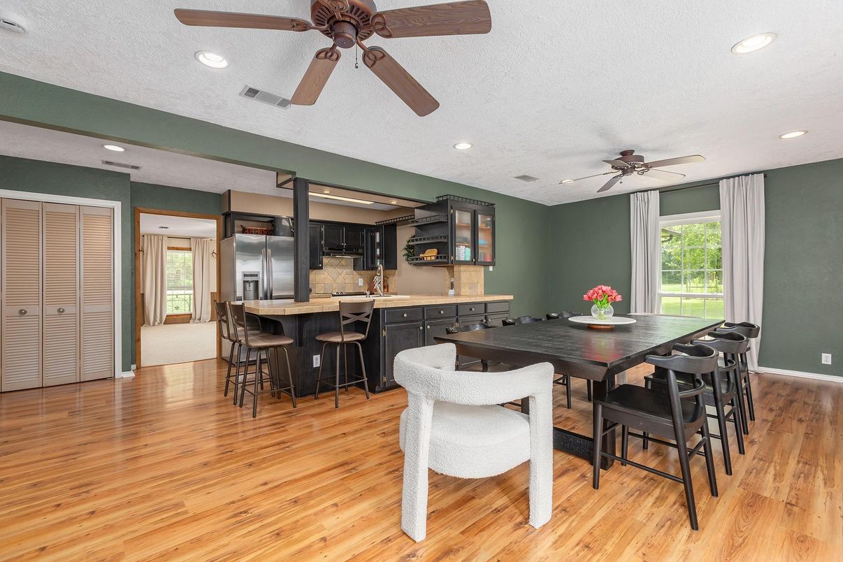 Dining room, Interior, Recessed Lighting, Wood Texture Flooring