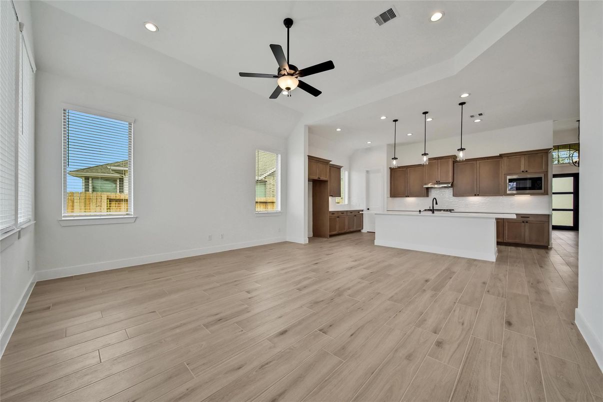 Interior, Kitchen, Pendant Lights, Recessed Lighting, Stainless Steel Appliances, Wood Texture Flooring