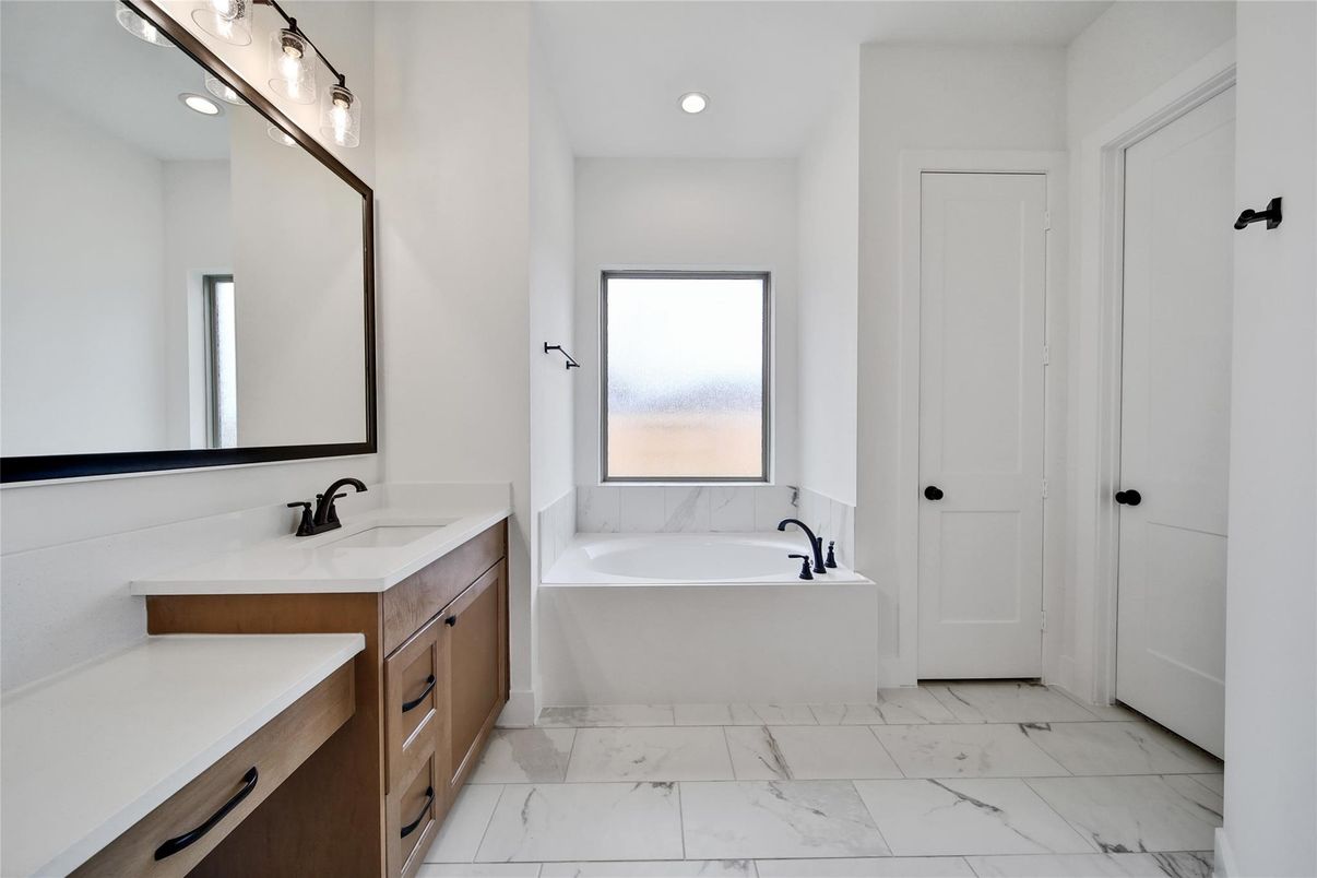 Bathroom, Dual Sink Vanities, Interior, Marble, Recessed Lighting