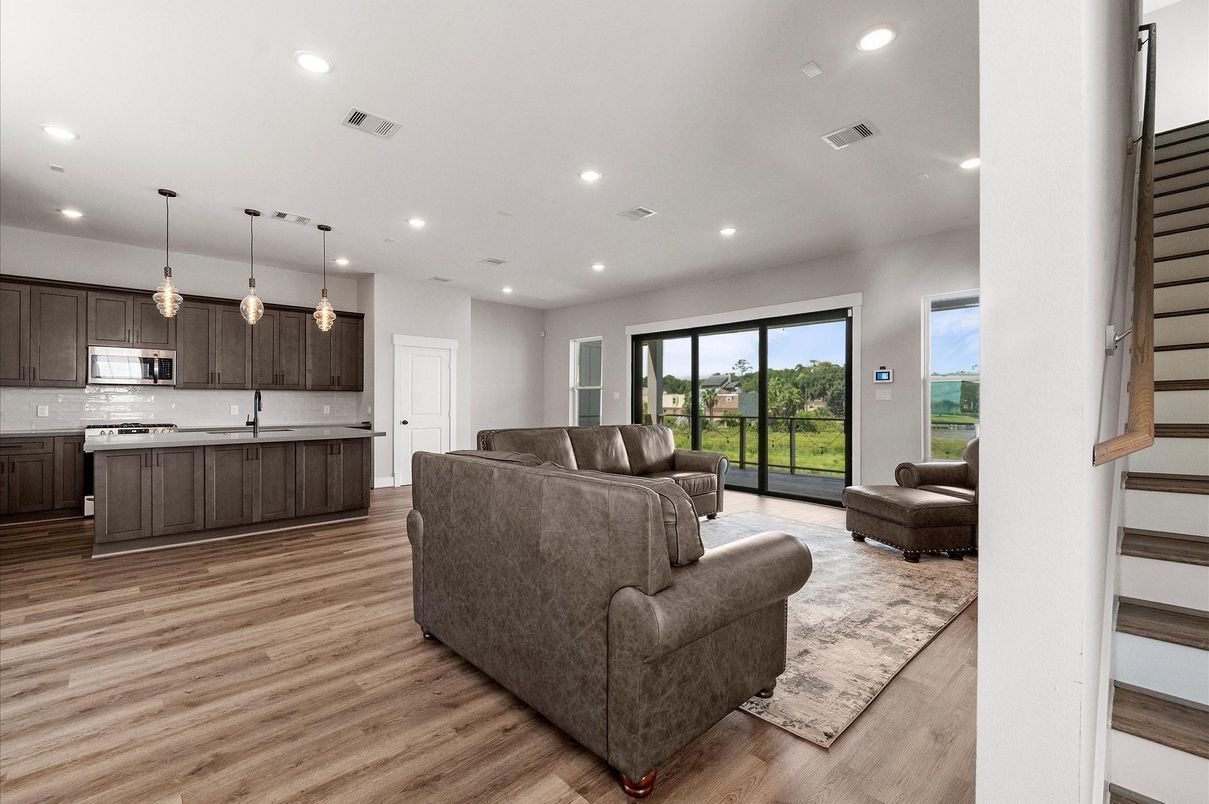 Interior, Kitchen, Living room, Pendant Lights, Recessed Lighting, Stainless Steel Appliances, Wood Texture Flooring