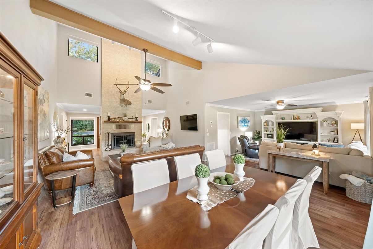 Dining room, Fireplace, Interior, Living room, Stone Walls, Wood Texture Flooring
