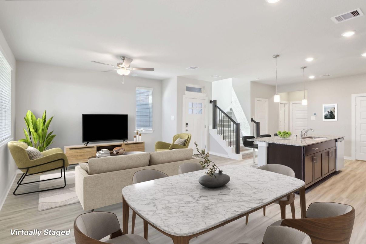 Dining room, Interior, Kitchen, Living room, Pendant Lights, Recessed Lighting, Wood Texture Flooring