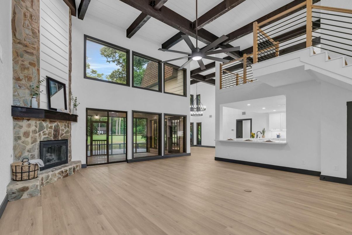 Chandelier, Fireplace, Interior, Pendant Lights, Recessed Lighting, Wooden Beams, Wood Texture Flooring