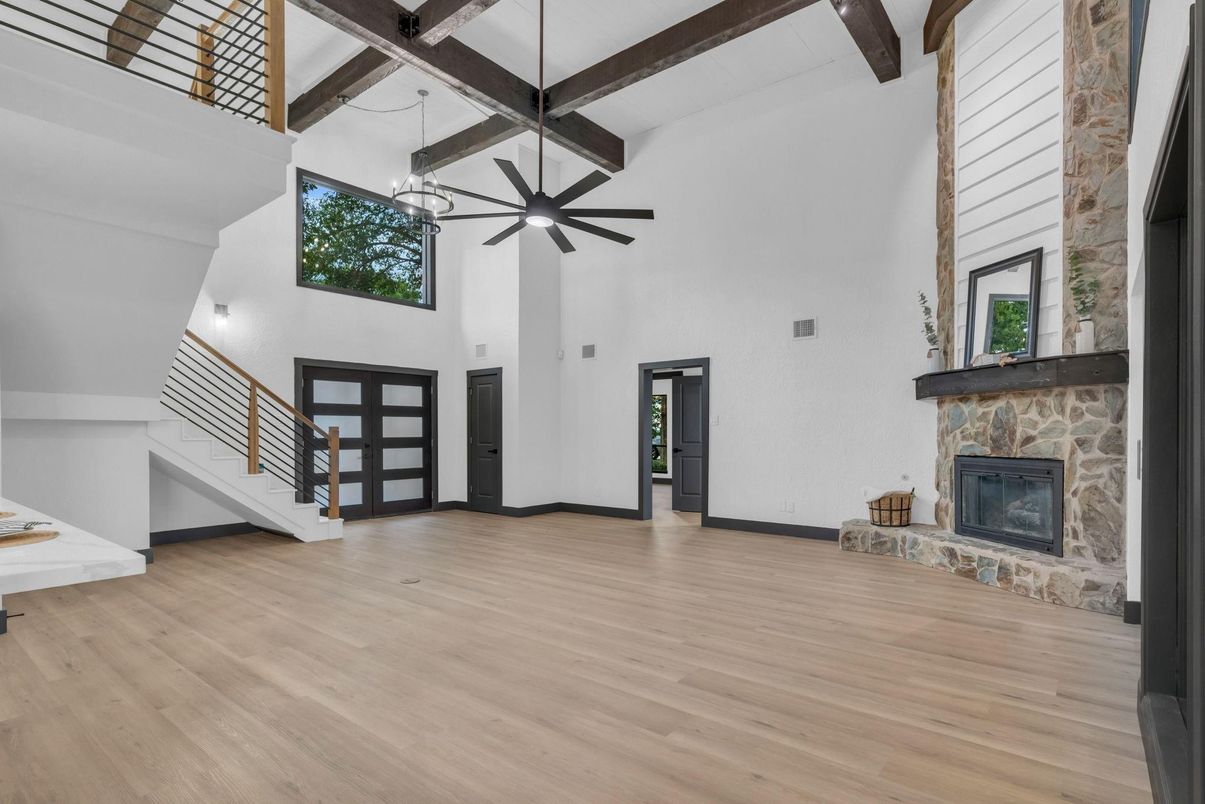 Fireplace, Interior, Pendant Lights, Wooden Beams, Wood Texture Flooring