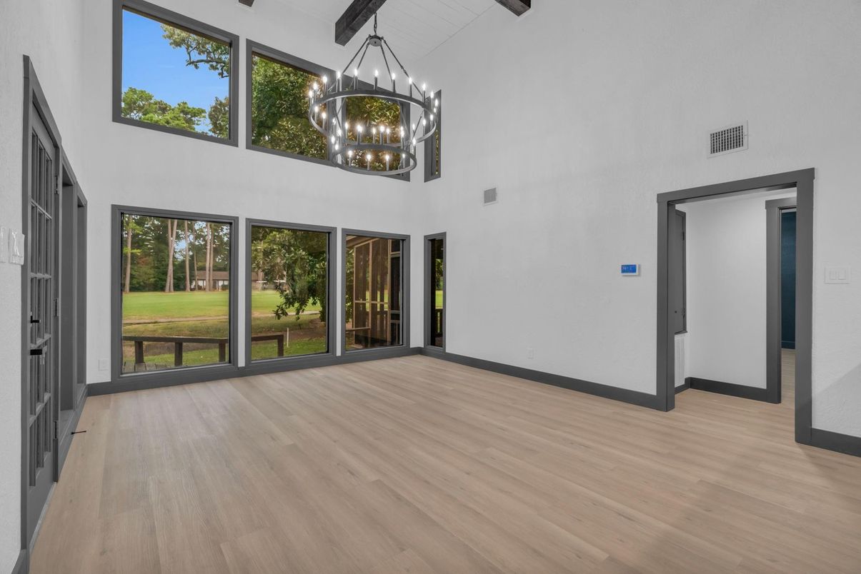 Chandelier, Empty room, Interior, Pendant Lights, Wooden Beams, Wood Texture Flooring