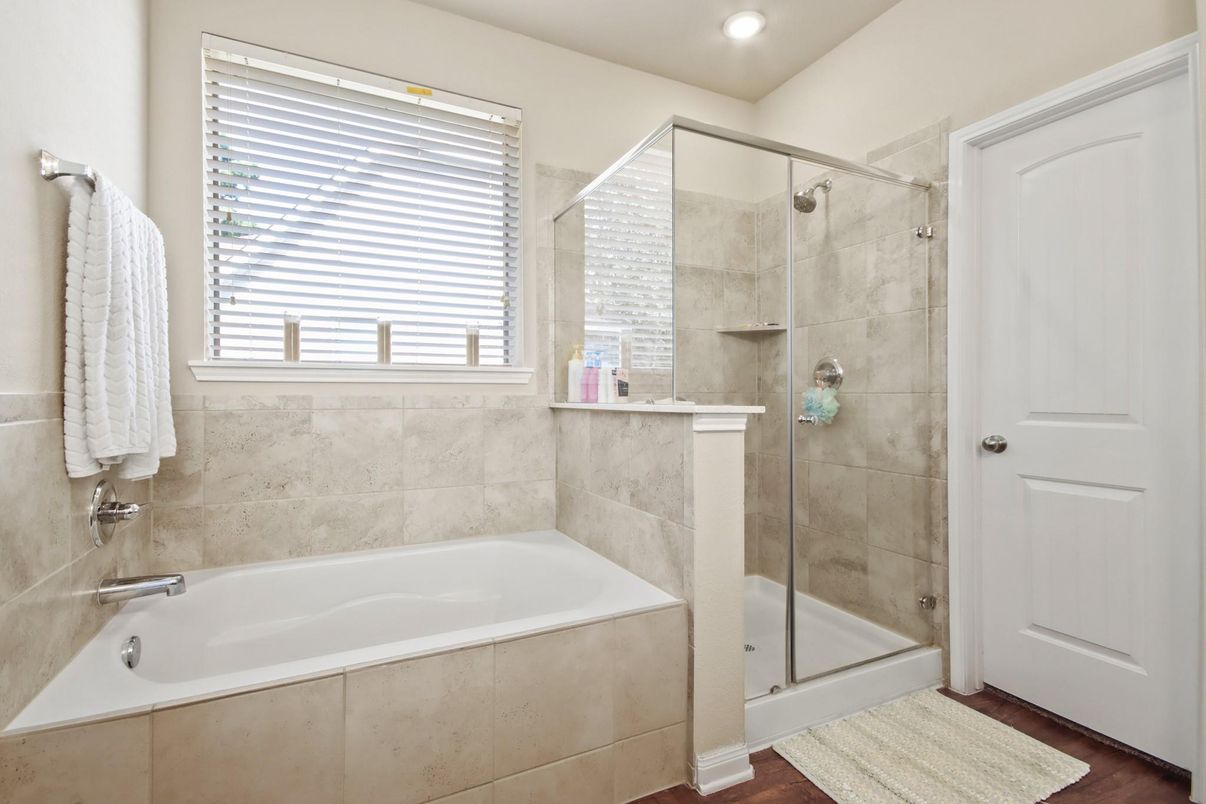 Bathroom, Glass Shower, Interior, Recessed Lighting, Wood Texture Flooring