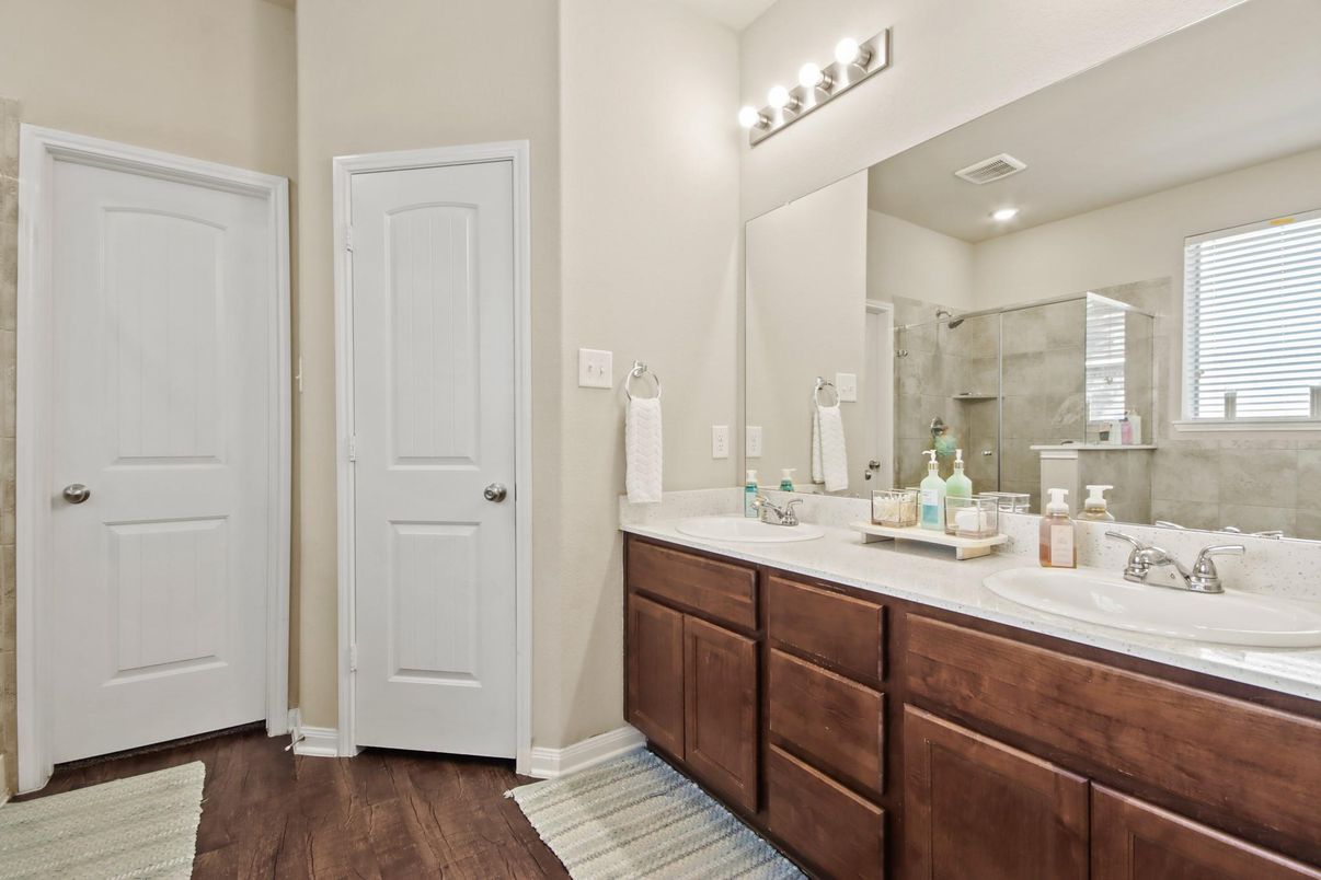 Bathroom, Dual Sink Vanities, Interior, Recessed Lighting, Wood Texture Flooring