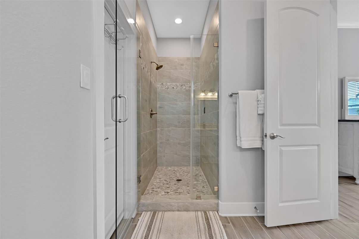 Bathroom, Glass Shower, Interior, Recessed Lighting, Wood Texture Flooring