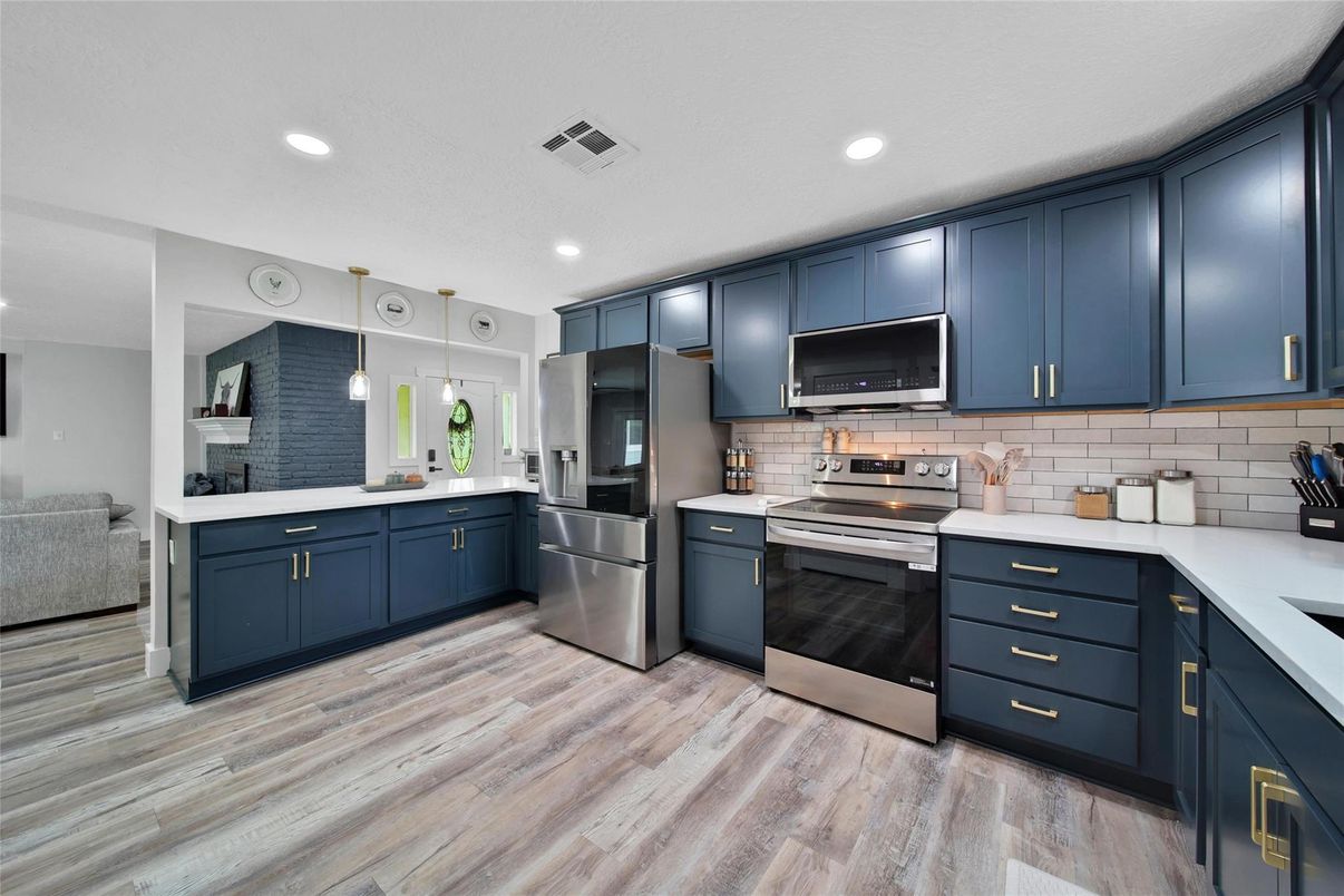 Interior, Kitchen, Pendant Lights, Recessed Lighting, Stainless Steel Appliances, Wood Texture Flooring