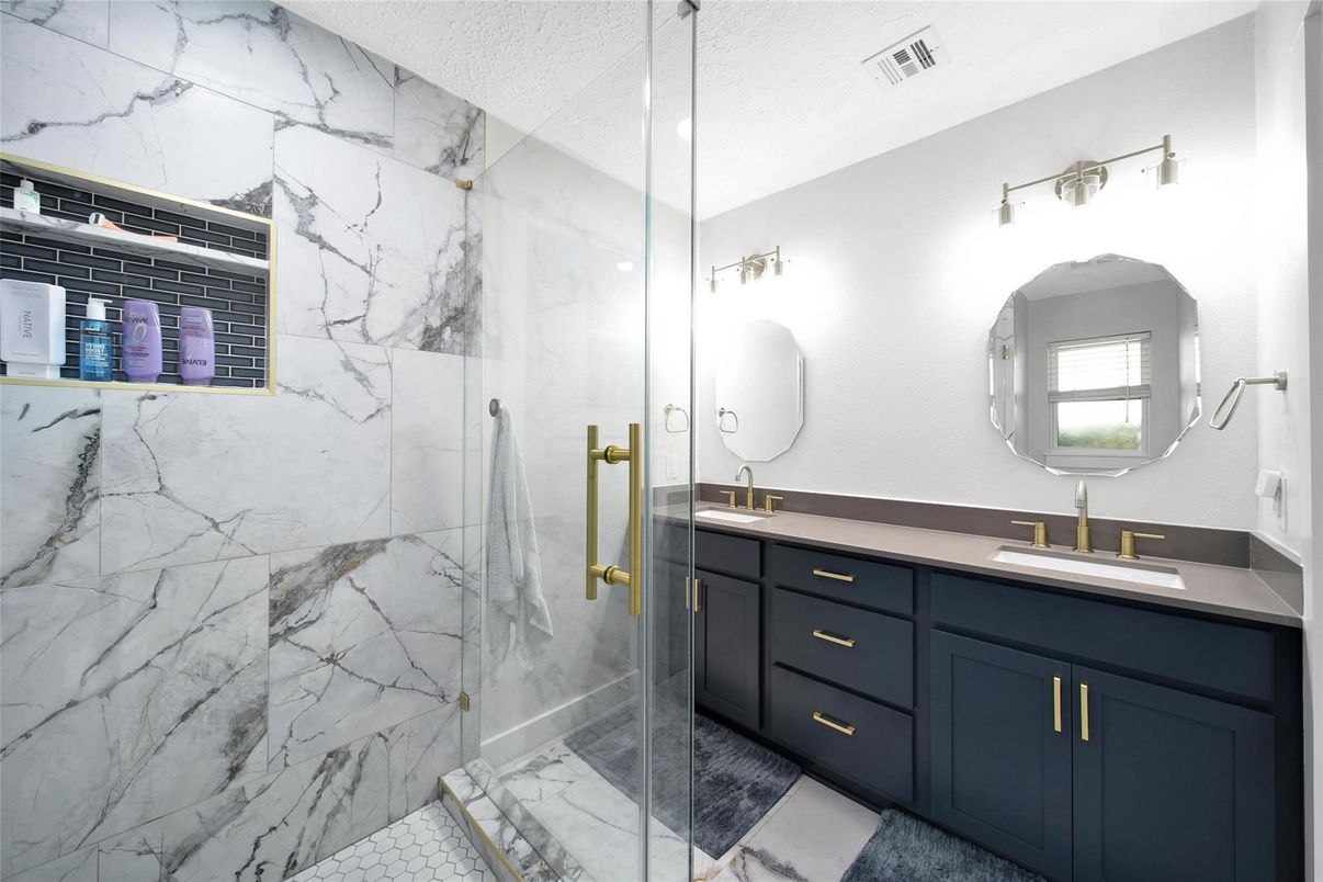 Bathroom, Dual Sink Vanities, Glass Shower, Interior, Marble Walls