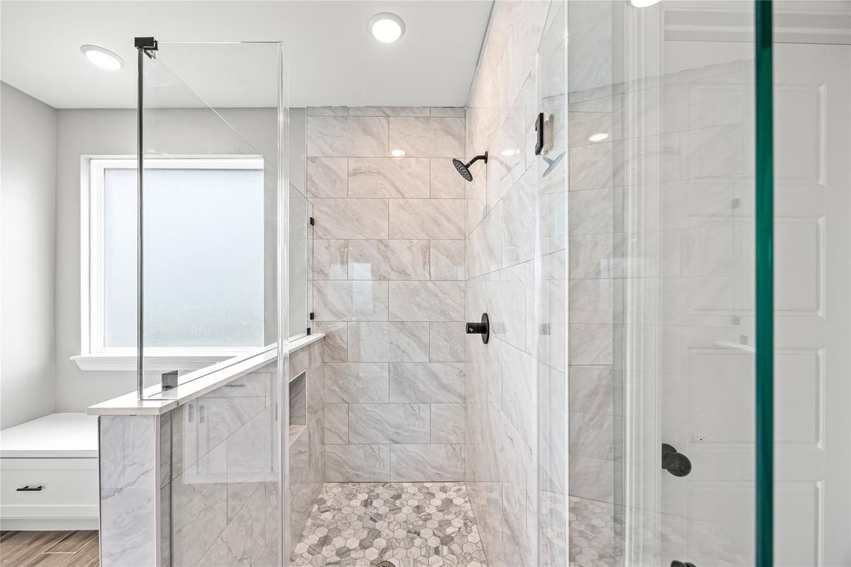 Bathroom, Glass Shower, Interior, Marble Walls, Recessed Lighting, Wood Texture Flooring