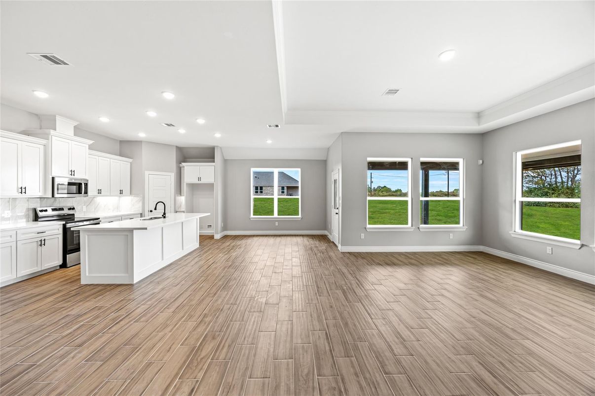 Interior, Kitchen, Recessed Lighting, Stainless Steel Appliances, Water, Wood Texture Flooring