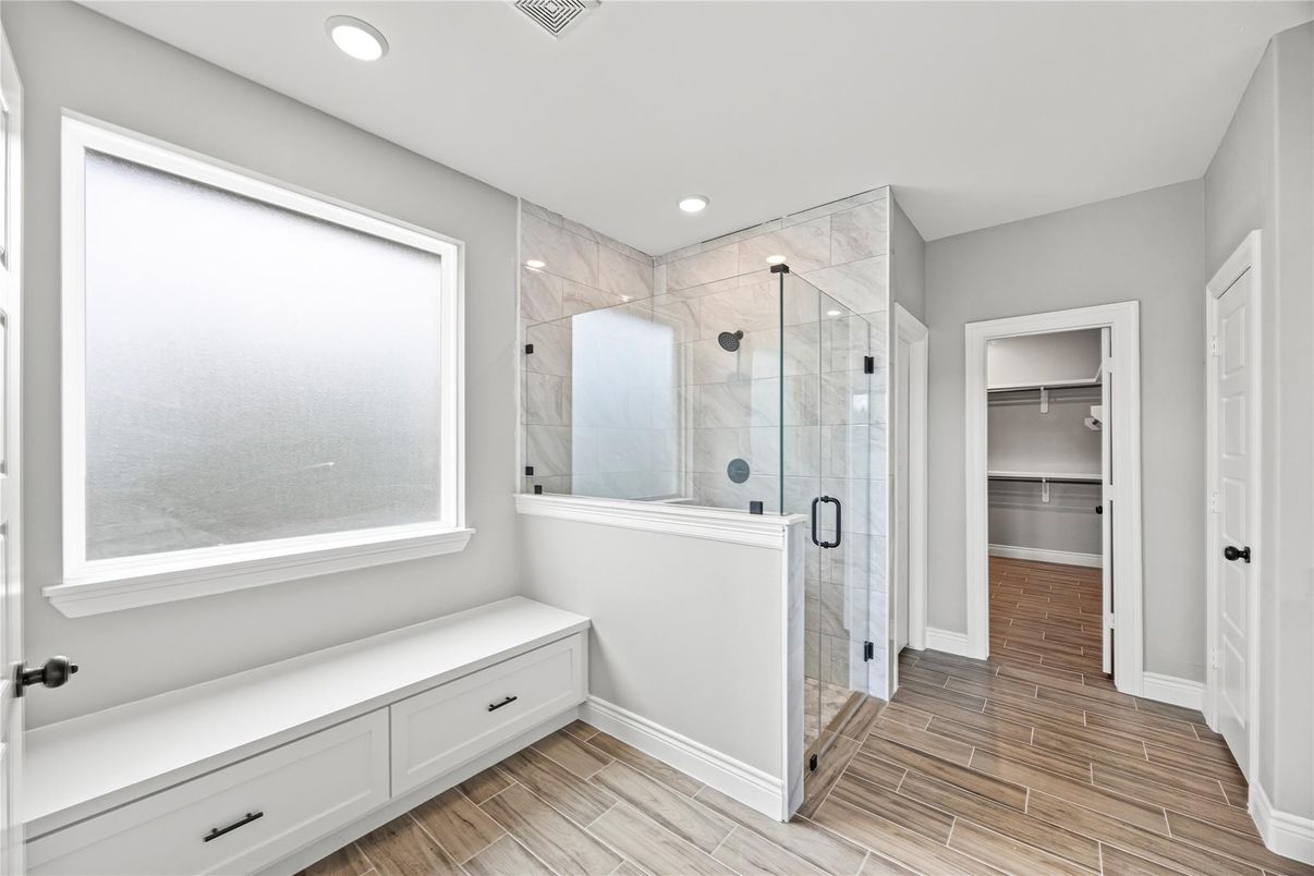 Bathroom, Glass Shower, Interior, Marble Walls, Recessed Lighting, Wood Texture Flooring