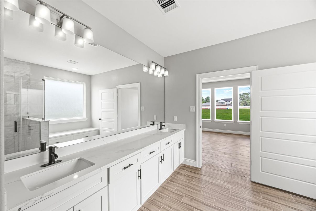 Bathroom, Dual Sink Vanities, Glass Shower, Interior, Wood Texture Flooring