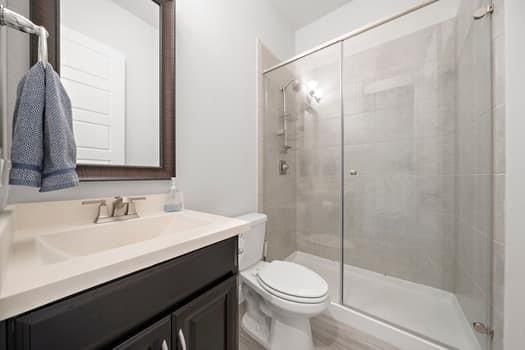 Bathroom, Glass Shower, Interior, Wood Texture Flooring