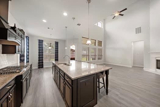 Fireplace, Interior, Kitchen, Pendant Lights, Recessed Lighting, Wood Texture Flooring
