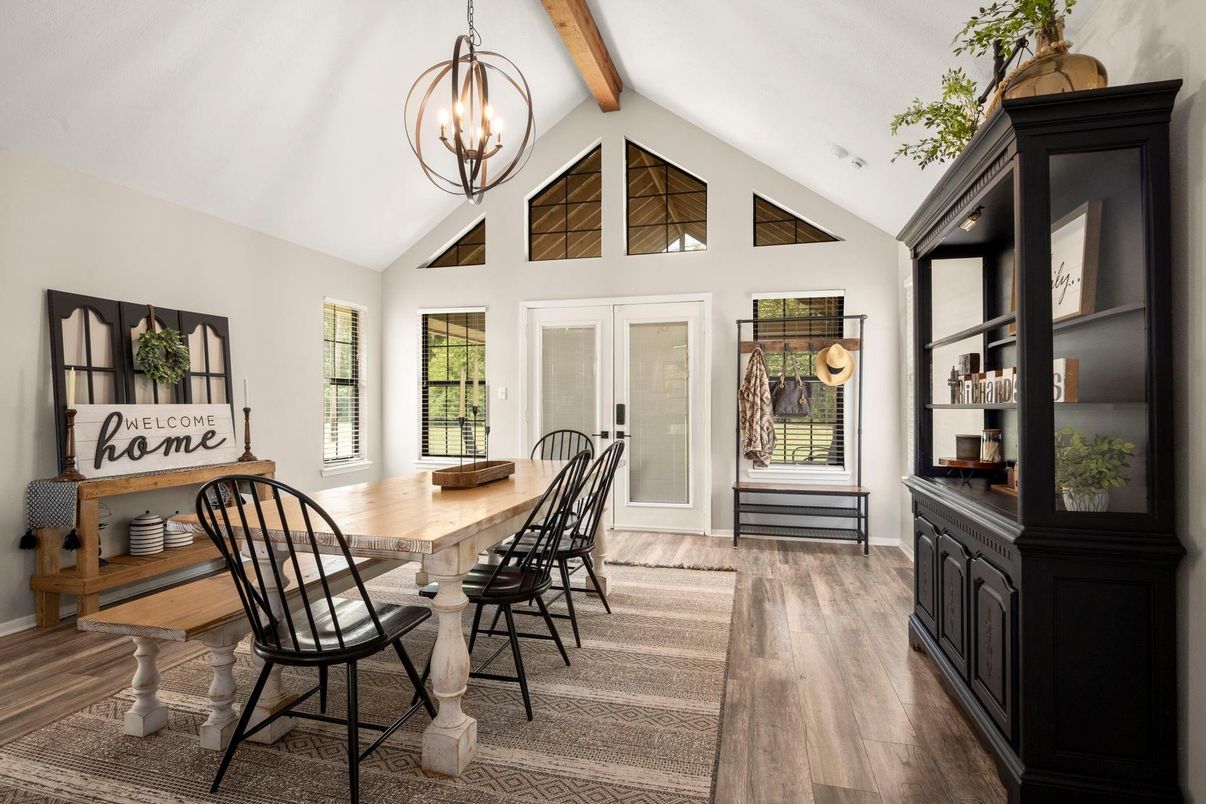 Chandelier, Dining room, Interior, Pendant Lights, Wooden Beams, Wood Texture Flooring