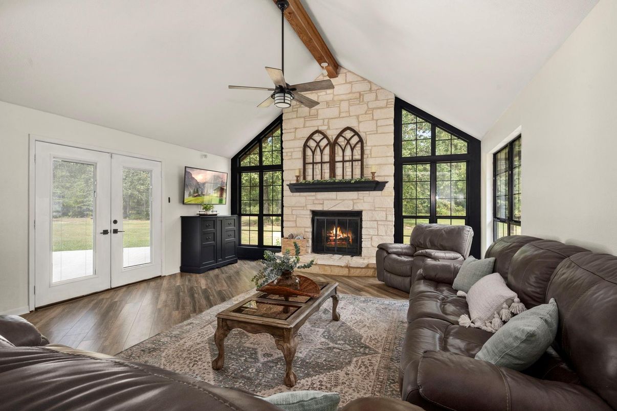 Fireplace, Interior, Living room, Stone Walls, Wooden Beams, Wood Texture Flooring
