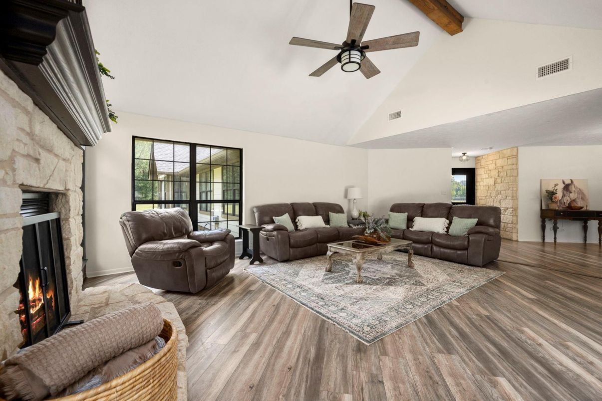 Fireplace, Interior, Living room, Stone Walls, Wooden Beams, Wood Texture Flooring