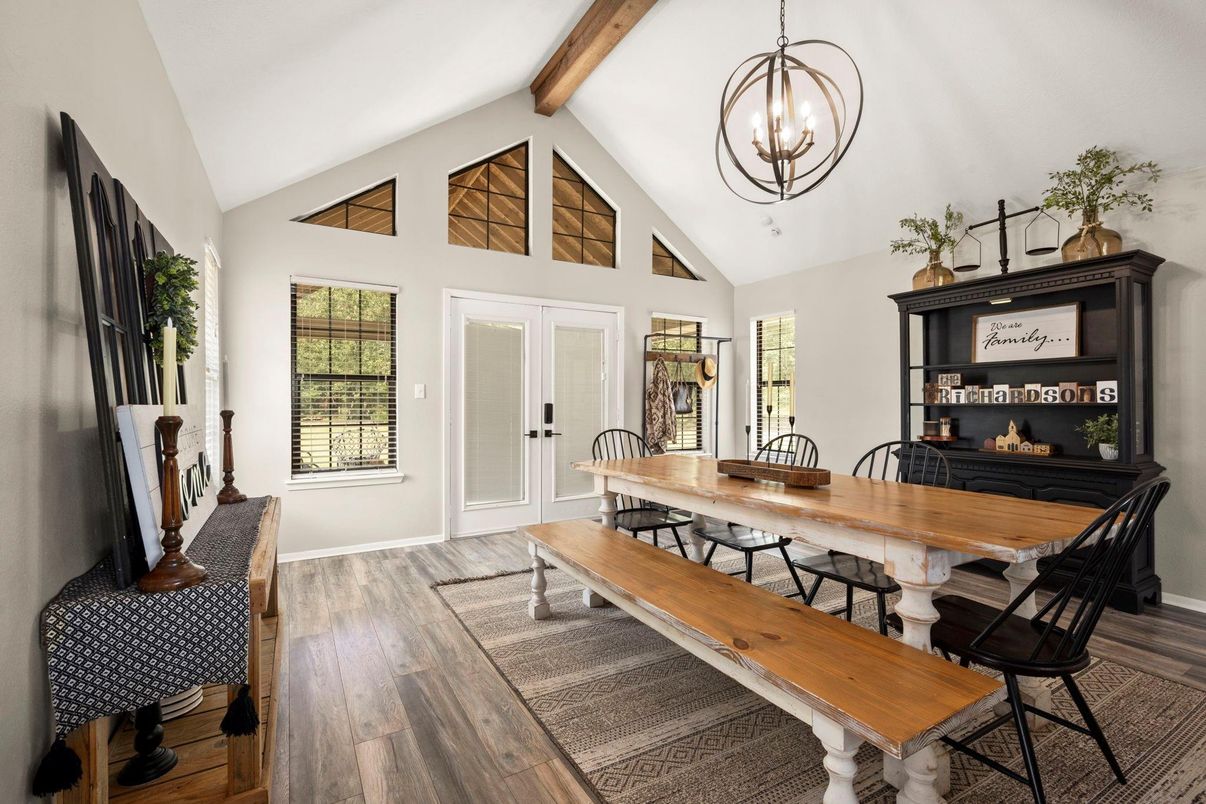 Chandelier, Dining room, Fireplace, Interior, Pendant Lights, Wooden Beams, Wood Texture Flooring