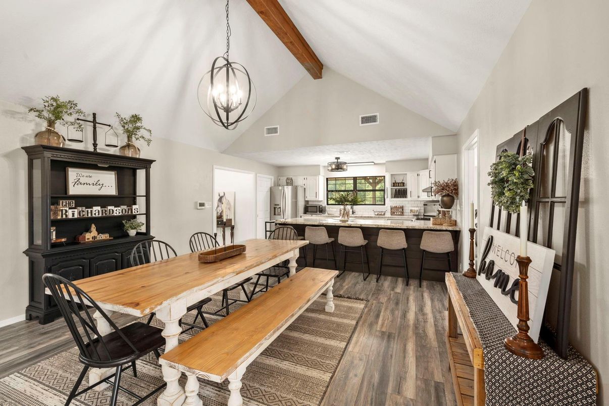 Dining room, Interior, Pendant Lights, Wooden Beams, Wood Texture Flooring
