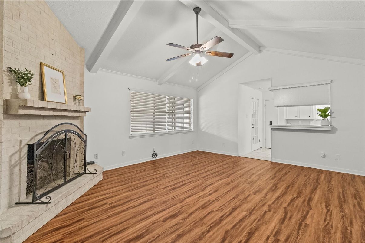 Empty room, Fireplace, Interior, Stone Walls, Wood Texture Flooring