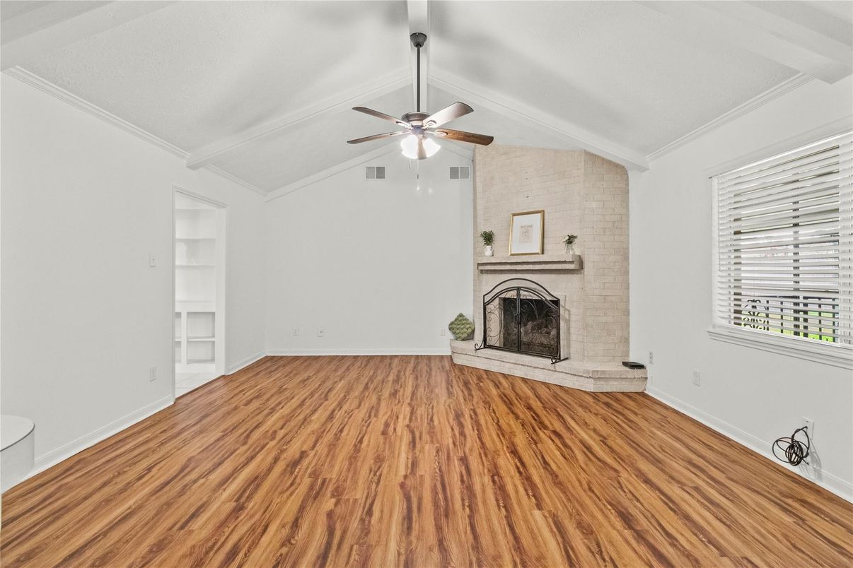 Empty room, Fireplace, Interior, Stone Walls, Wood Texture Flooring