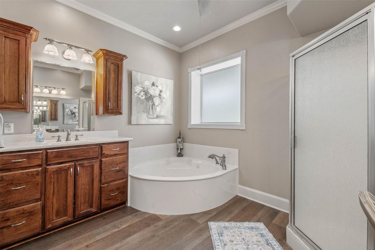 Bathroom, Dual Sink Vanities, Interior, Recessed Lighting, Wood Texture Flooring