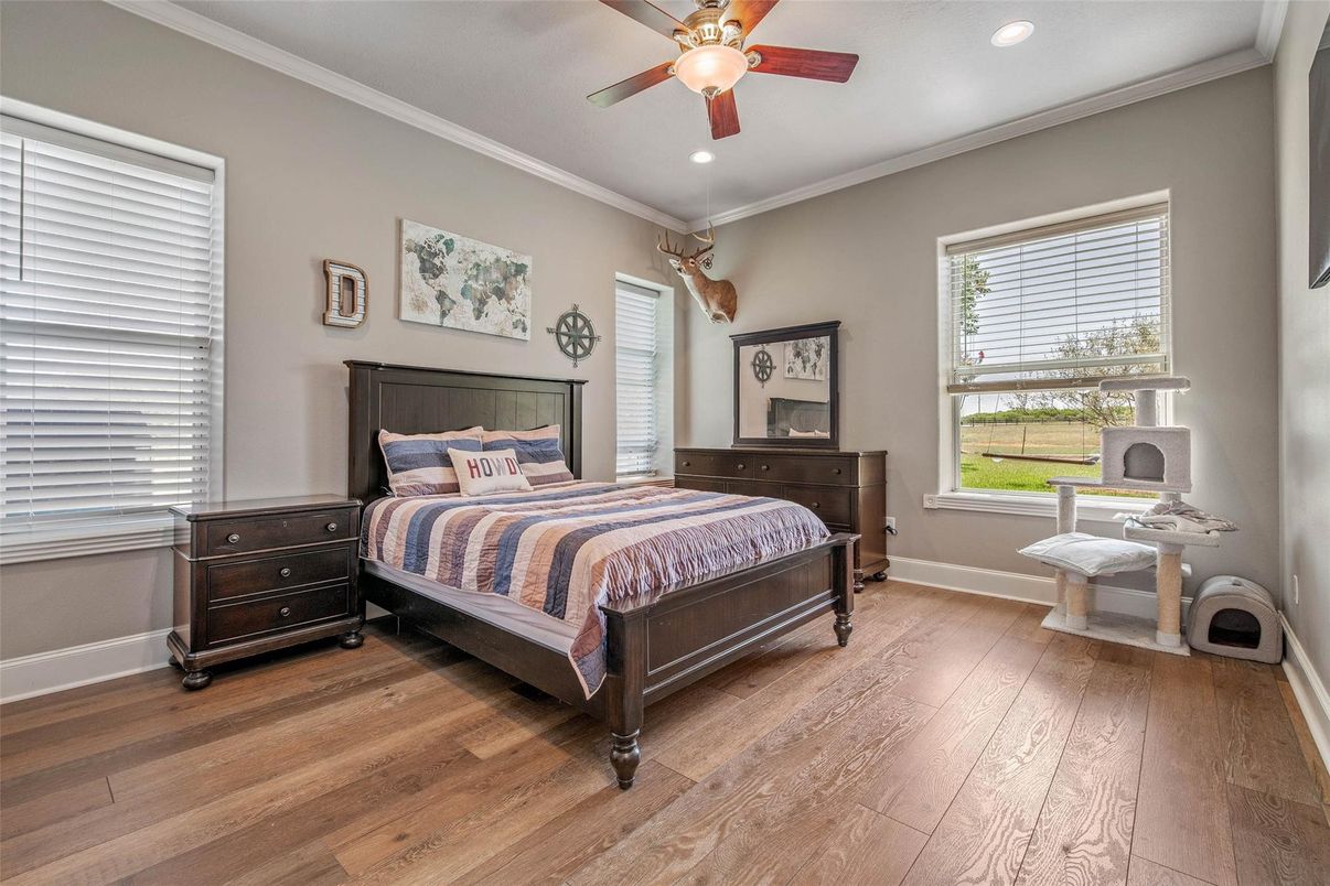 Bedroom, Interior, Recessed Lighting, Wood Texture Flooring