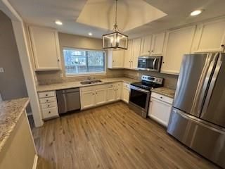 Interior, Kitchen, Pendant Lights, Recessed Lighting, Stainless Steel Appliances, Wood Texture Flooring