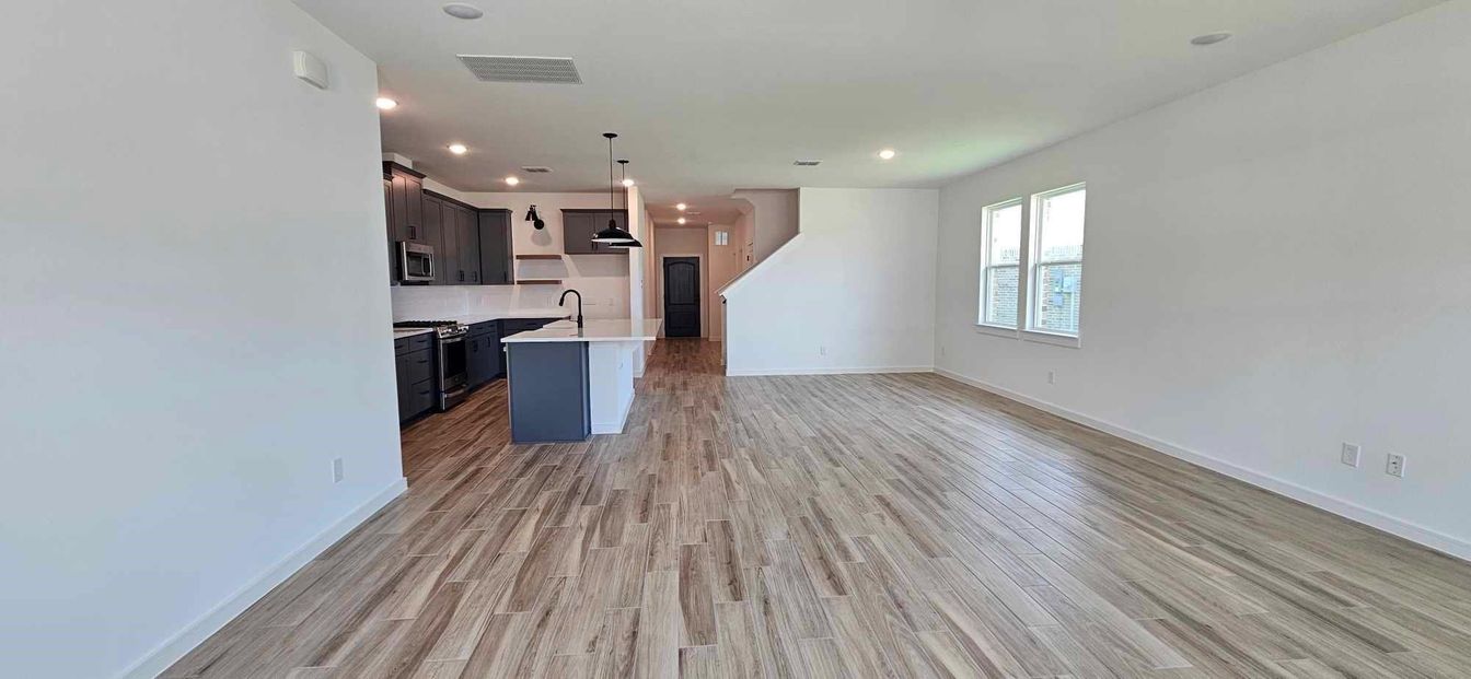 Empty room, Interior, Kitchen, Pendant Lights, Recessed Lighting, Wood Texture Flooring