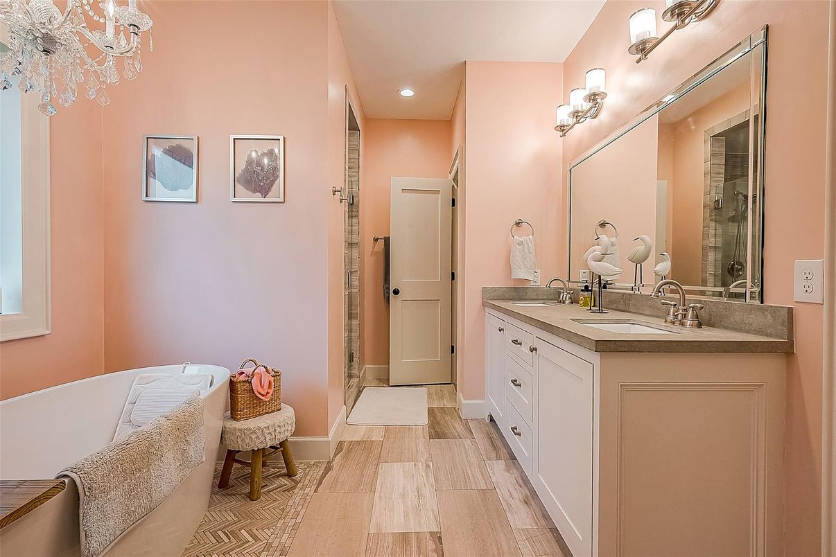 Bathroom, Dual Sink Vanities, Interior, Recessed Lighting, Wood Texture Flooring