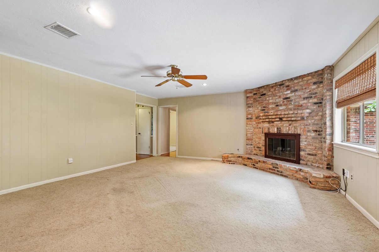 Empty room, Fireplace, Interior, Recessed Lighting, Stone Walls