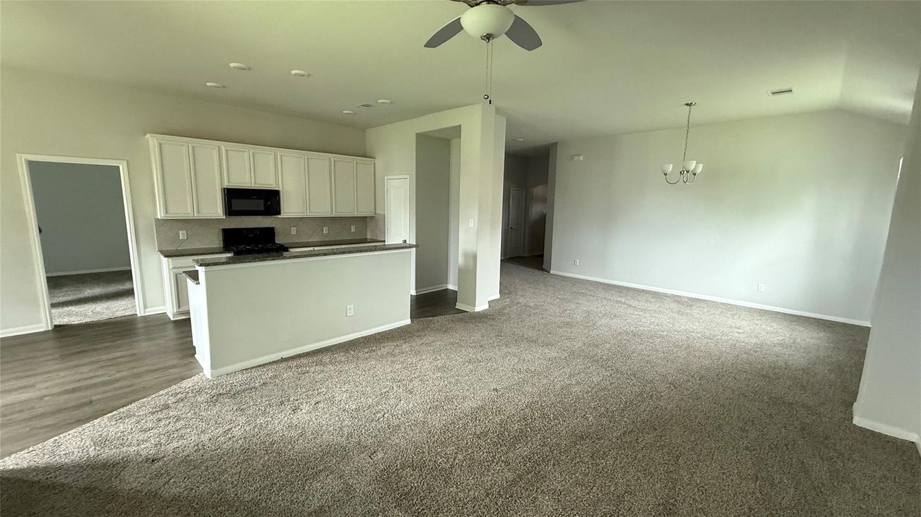 Chandelier, Empty room, Interior, Kitchen, Pendant Lights, Recessed Lighting, Wood Texture Flooring